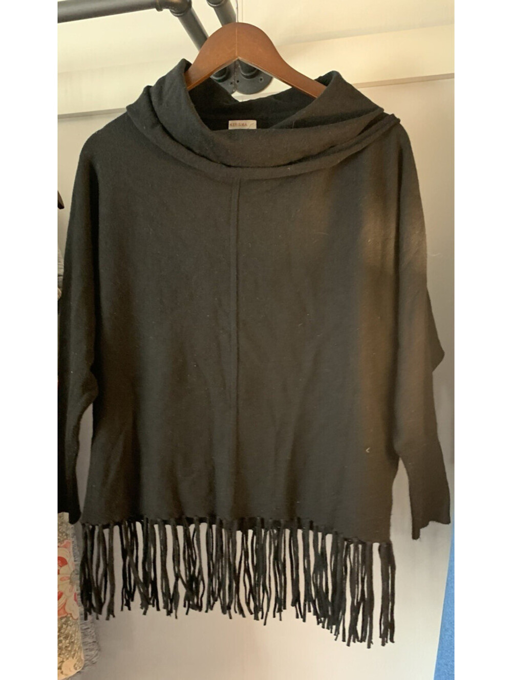 Kerisma Womens S/M Black Cowl Neck Knit Pullover Sweater Fringe Hem